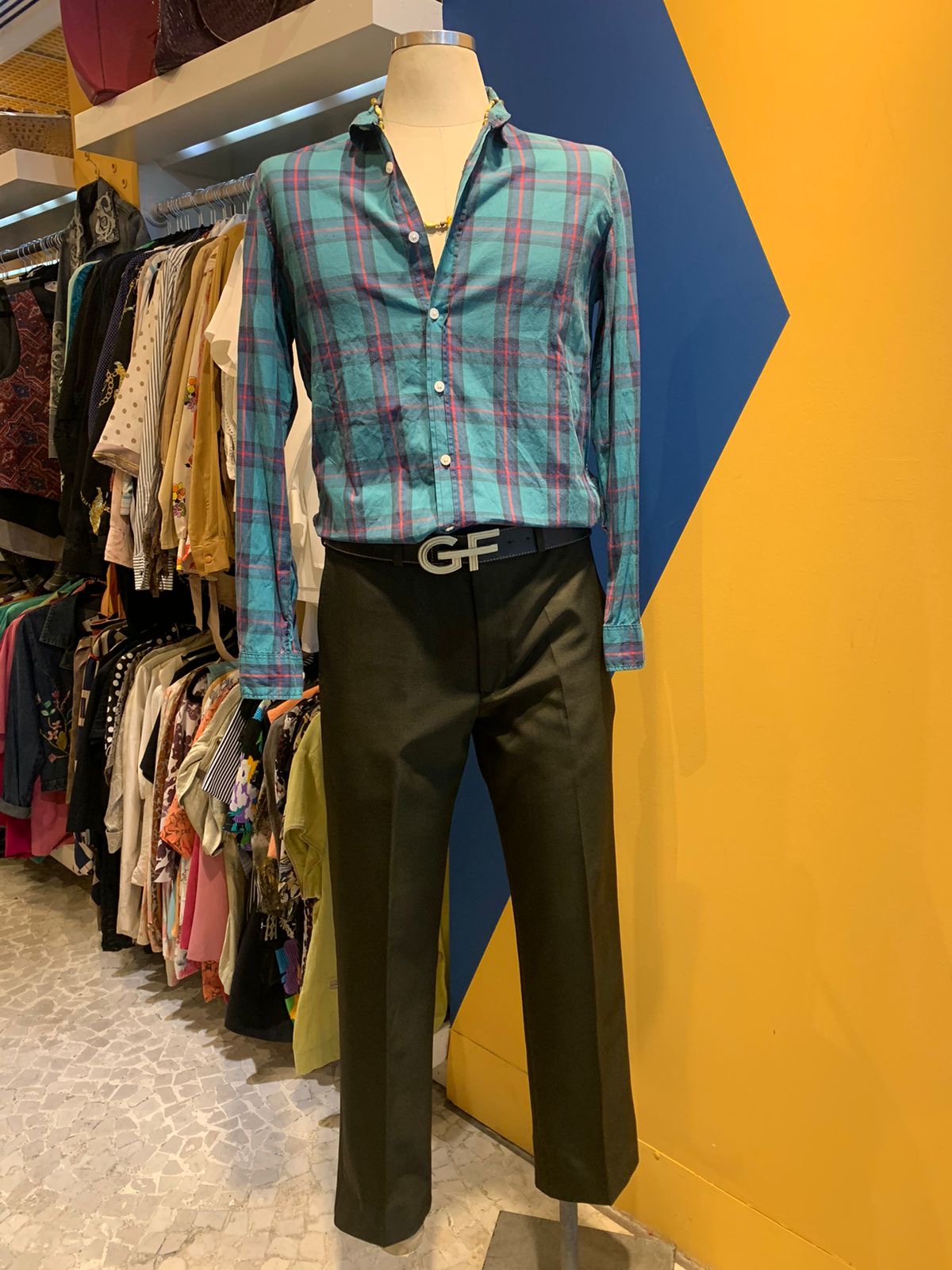 Camisa xadrez azul e roxa