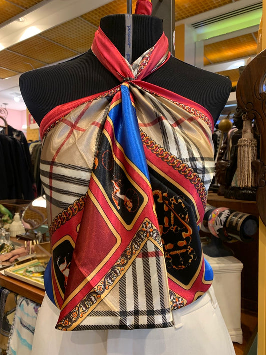 Lenço de cetim vermelho bege e azul